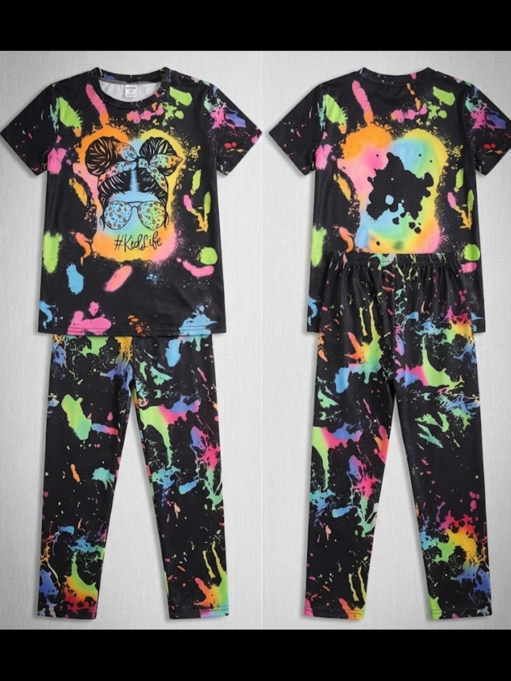 KidLife Neon Splatter Paint W/messy Buns 2- Pc Leggings Set Sz 10Y